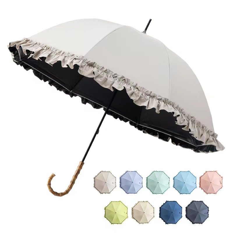 Bamboo J-Shaped Handle Umbrella With Black UV Coating Suitable for Both Rain and Sun