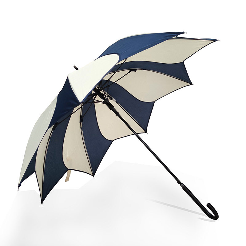 Chinese Wholesale  8ribs Auto Open Long Handle Magnolia Flower Petal Shape Umbrella with Dark Blue and White Stripes Color