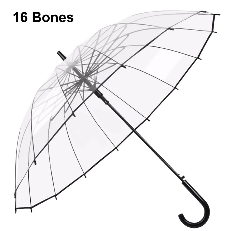 16-Rib Clear Umbrella - Windproof, Water-Repellent, and Lightweight