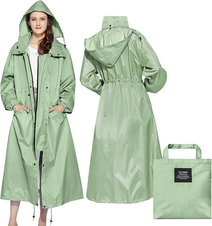 Women's Lightweight Waterproof Raincoat - Packable Hooded Windbreaker with Adjustable Waist for Outdoor Activities